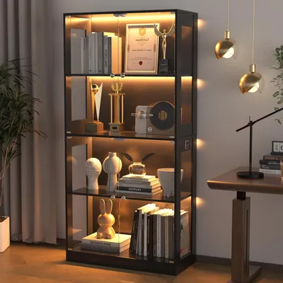 Produktbild von VOWNER Glasvitrine mit 3-Farben-LED - Automatische Lichtsteuerung, 5 Regale,80x165x35 cm ( Schwarz )
