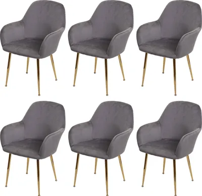 Immagine prodotto di set di 6 sedie per sala da pranzo HWC-F18, sedia da cucina, design retrò ~ grigio velluto, gambe dorate