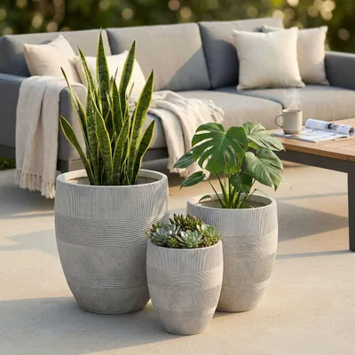 Immagine prodotto di Milani Home - set di 3 vasi per piante rotondi in fibra sintetica, beige, effetto resina, per interno esterno giardino e terrazzo