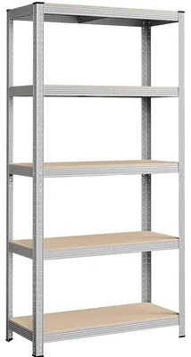 Obrázek produktu pro Regál – 5patičkový regál pro těžké náklady – kovový rám, dřevěné police, 40 x 90 cm, nosnost 875 kg, nastavitelné police, do garáže – stříbrný