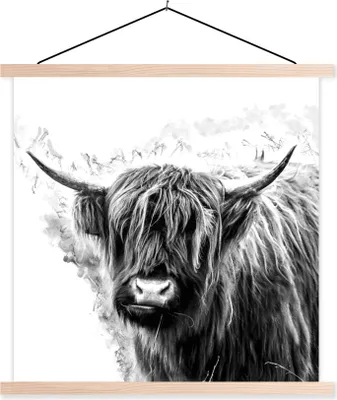 Produktbild von MuchoWow® Textilposter Schottisches Hochlandrind - Kuh - Weiß 60x60 cm mit holzfarbenen Rahmen - Wanddekoration