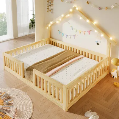 Produktbild von Flieks Kinderbett 140x200cm mit Led, Hausbett mit Dach, Bodenbett Spielbett mit Rausfallschutz, Holzbett Doppelbett ohne Lattenrost, Naturbelassen