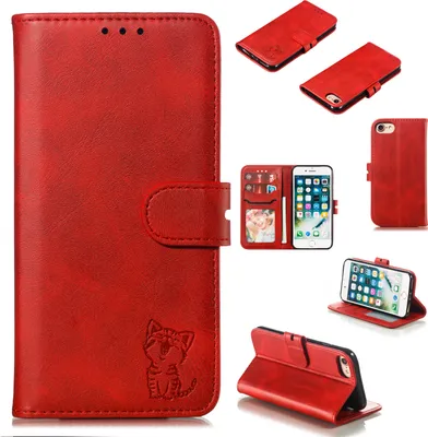 Image de Pour iPhone 6/6S/7/8 Type de Portefeuille Cartoon mignon en relief Happy Cat Cuir synthétique Housse de protection avec Boucle & Bracket Rouge