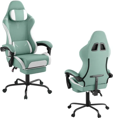 Image de ROSEJANE : Fauteuil de gaming ergonomique avec fonction de massage et repose-pieds, dossier réglable de 90° à 135°, fauteuil de gaming avec coussin pour la tête et le bas du dos, couleur verte