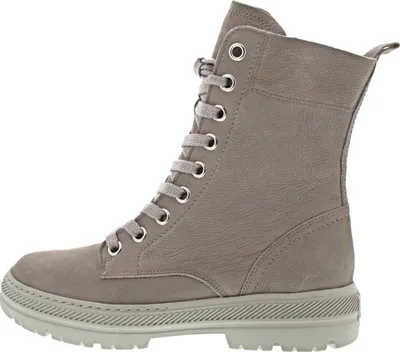 A side view of a gray lace-up boot.