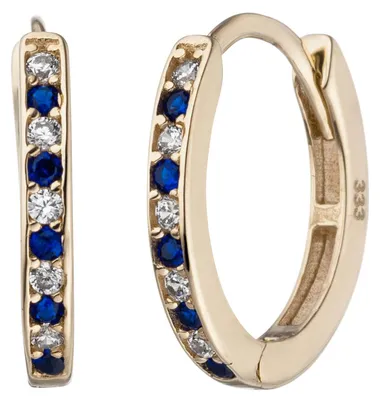 Schmale-Creolen-333-Gelbgold-20-Zirkonia-blau-weiß