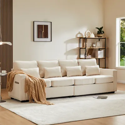 Produktbild von Merax 4-Sitzer Sofa mit Seitentaschen und Zierkissen, XXL-Sofa mit Leinenbezug, Chaiselounge Polstermöbel Stoffsofa Polstersofa,  264x83x87cm, Beige