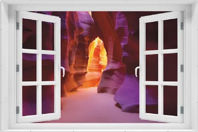 Produktbild von Wallario Wandbild mit Fenster-Illusion: Felsschlucht in Arizona USA - orange und violett, Größe: 61 x 91,5 cm, Poster mit rahmenlosen Bildhalter