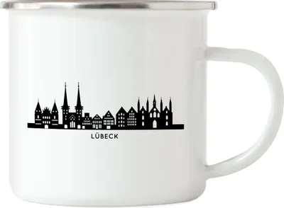 Produktbild von LÜBECK Skyline Emaille Tasse Souvenir Andenken Deutsche Großstädte Motiv Stadt Silhouette Geschenkidee Umzug