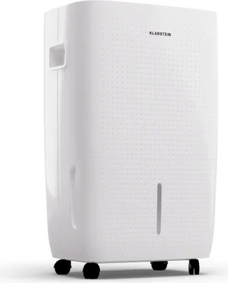 A white dehumidifier with wheels is shown from a side-angle.
