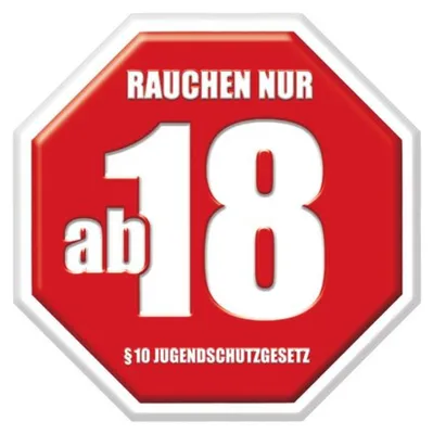A red octagonal sign with white text and numbers indicating an age restriction for smoking.