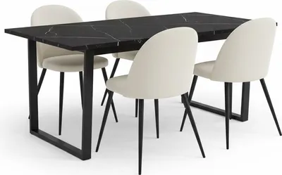 Image de Tilst ensemble pour salle à manger table à manger imprimé marbre noir et 4 chaises velours beige.