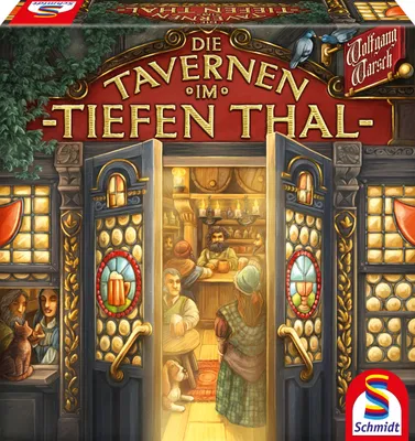 The image shows the box art for the board game "Die Tavernen im Tiefen Thal", depicting a lively tavern scene.