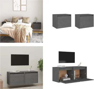 Produktbild von vidaXL Wandschränke 2 Stk. Grau 45x30x35 cm Massivholz Kiefer - Wandschrank - Wandschränke - Hängeschrank - Schrank