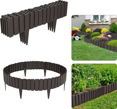 Obrázok produktu pre UISEBRT 4 ks Hnedé drevené obruby záhonov obruby záhonov obruby trávnikové obruby záhradné palisády v drevenom vzhľade z PP - 2,3 m