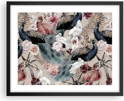 Produktbild von Gerahmtes Poster - Schwarzer Rahmen - Pfauen Squab Flamingos - 50x40 cm - Wand Bild - Wanddeko - Wandbilder - Kunstposter - Wandposter - Bilderrahmen - Bilder - Kunstdruck - P2BAA50x40-4890