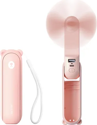 A pink portable fan and its charging case are displayed against a white background. The fan is open and its blades are visible.