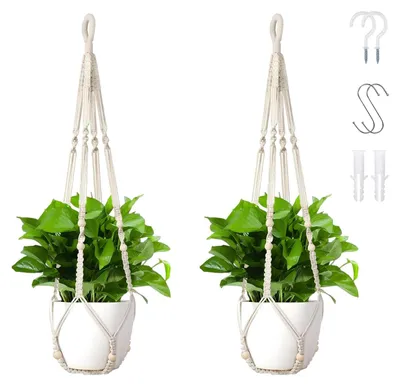 Image de Suspension pour plante macramé coton - Lot de 2 - 90 cm - Naturel