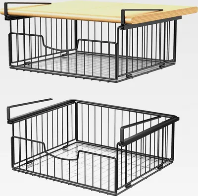 Produktbild von Unterregal Aufbewahrungskorb, 2 Stück Hängekorb Regal aus Metall, Unter Schrank Lagerung Organizer, Hängender Aufbewahrungskörbe für Küche, Speisekammer, Büro, Schreibtisch, Bücherregal (Schwarz)