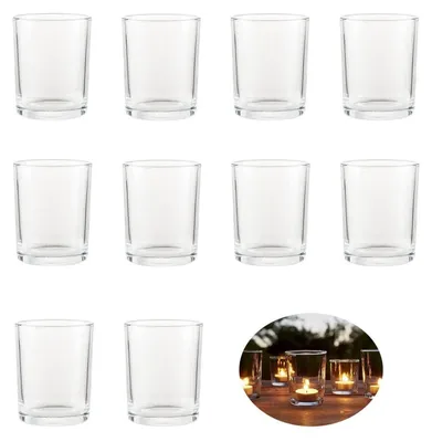 Immagine prodotto di Set di 10 portacandele in vetro trasparente, diametro 4,5 cm, ideali per candele tealight, perfetti per matrimoni, compleanni, Natale, Halloween