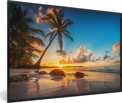 Produktbild von MuchoWow® MuchoWow® Gerahmtes Poster Strand - Meer - Palme - Sonnenuntergang 30x20 cm - Poster mit zchwarzem Bilderrahmen - Kunstdruck - Bild-Poster