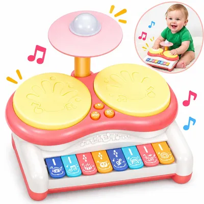 Produktbild von Baby Musikspielzeug Trommel und Klavier, 2-in-1 Kinderschlagzeug mit Tasten, Trommelstöcken, rosa
