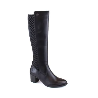 A studio shot of a black knee-high boot.