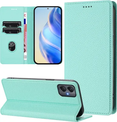 A turquoise litchi leather wallet case for a Samsung Galaxy A05 phone, shown open and closed, with card slots visible.