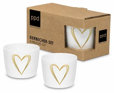 Produktbild von Eierbecher Set Porzellan Herz 5,2cm Weiß Goldfarben Frühstück, KI-generiertes Bild