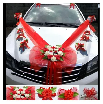 Image de Kit de décoration pour voiture de mariage avec des rubans en organza