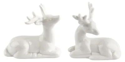 2 Hirschfiguren aus Porzellan, weiß, 6,5–7 cm