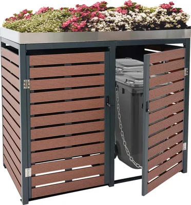 Zdjęcie produktu dla XL 2-miejscowa/4-miejscowa pokrywa kosza na śmieci HWC-K14, pojemnik na odpady do sadzenia, 124x146x102cm WPC metal 90kg ~ wygląd drewna orzechowego
