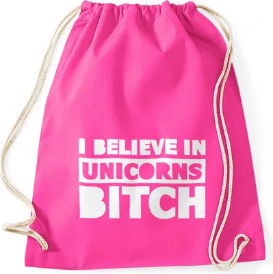 Produktbild von Turnbeutel mit Sprüchen i believe in Unicorns bitch Einhorn Moonworks® fuchsia unisize