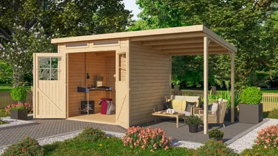 Produktbild von Karibu Gartenhaus Gerätehaus Glücksburg 4 im Set mit Anbaudach naturbelassen 426x217x220 cm