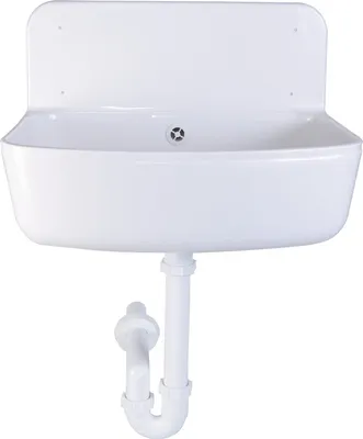 A white plastic sink with plumbing attached, shown against a white background.