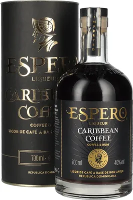 A bottle of Espero Caribbean Coffee liqueur and its cylindrical gift box are shown against a white background.