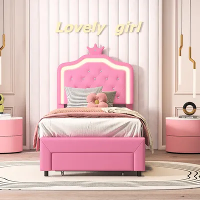 Zdjęcie produktu dla Rama łóżka "Crown" 90 x 200 cm z oświetleniem LED, regulowanym zagłówkiem i szufladami, różowa