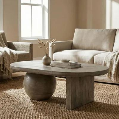 Produktbild von Couchtisch PERLA aus massivem Mangoholz, 110 x 70 cm, Grau - Moderner Wohnzimmertisch, Beistelltisch Holz, Clubtisch mit außergewöhnlicher Designoptik, Sofatisch für minimalistische Einrichtungsstile