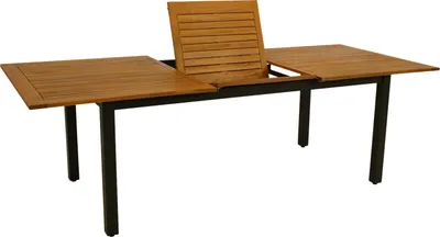 A wooden extendable table with black metal legs, shown against a white background.