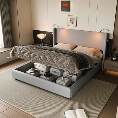 Immagine prodotto di Letto imbottito Fortuna Lai 140x200 cm in grigio, letto matrimoniale idraulico con luce di lettura nella testata, letto contenitore in corda con rete a doghe - ideale come letto per ragazzi
