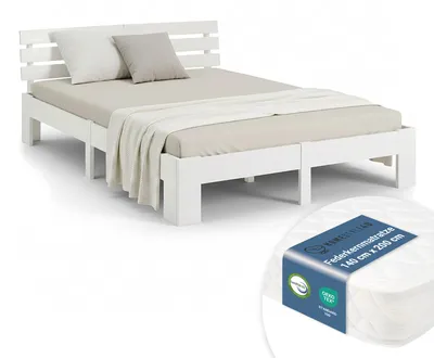 Image de Lit double en bois 140x200 avec matelas à ressorts blanc Cadre de lit en bois massif sommier à lattes