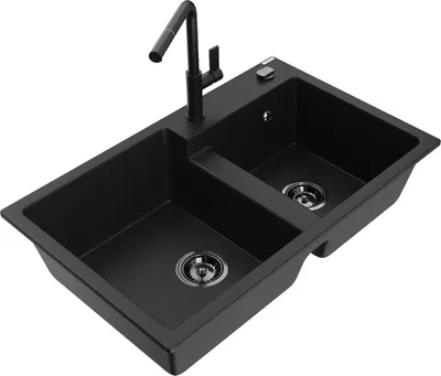 Produktbild von Mexen Tomas 2-Becken-Granitspüle mit Mischbatterie Flora, Schwarz - 6516-77-670401-70-B