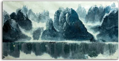 Produktbild von Coloray Glasbild 140x70  Wandbild Glasbilder Foto Chinesischer Berg See und Boot