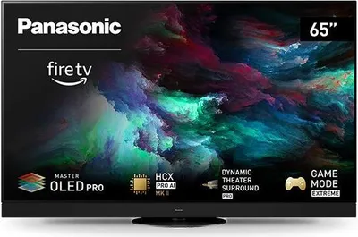 A front view of a Panasonic television displaying a colorful abstract image.