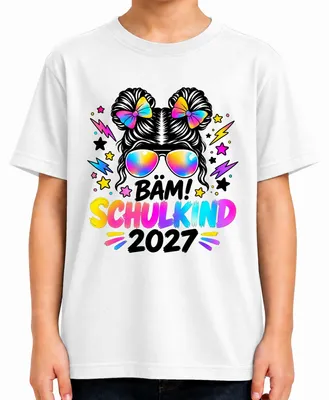 Productafbeelding van T-shirt voor kinderen, wit, met de tekst "Schulkind 2027" (schoolkind 2027), afbeelding van een meisje dat naar de basisschool gaat, geschikt voor een meisje in groep 1, maat 104
