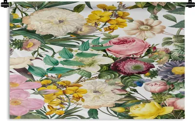 Produktbild von MuchoWow® Wandteppich Wandbehang Blumen - Weiß - Gelb - Rosa 150x100 cm Tapisserie Dekoration Wandtuch - Waschbar - Tapisserien - Wand-Decke