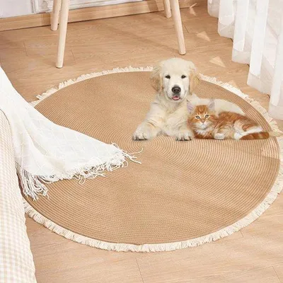 Produktbild von Runde Baumwoll-Seilmatte – Kratzmatte für Katzen – maschinenwaschbarer Boho-Dekoteppich mit Fransen für das Kinderzimmer, den Flur und das Bett – klein und vielseitig (Durchmesser 45 cm) – Khaki – 45 cm
