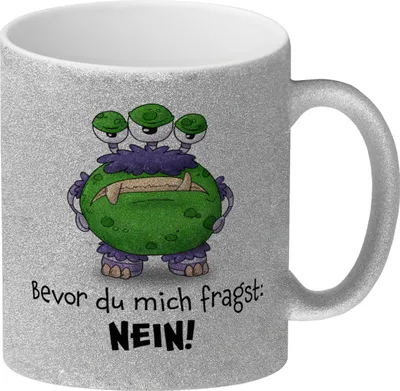 Produktbild von Freches Monster in grün-lila Glitzer-Kaffeebecher mit lustigem Spruch
