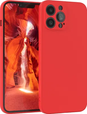 A red iPhone case is shown with a canyon landscape on the phone screen.