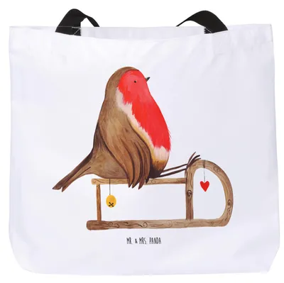 Produktbild von Mr. & Mrs. Panda Reisetasche Rotkehlchen Schlitten - Weiß - Geschenk, Tasche, Schultasche, Strandtasche, Wintermotiv, Vogel, Tote Bag, Weihnachten, Alltagstasche